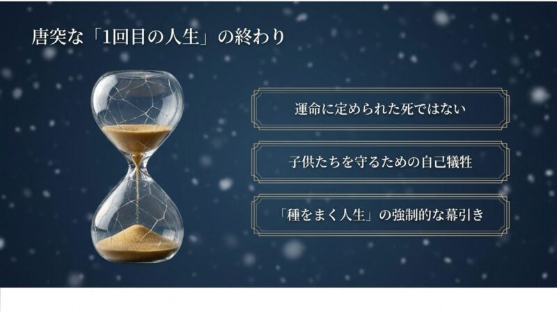 割れた砂時計のイラストと、ウンタクが子供たちを守るために自己犠牲を選び1回目の人生を終えたことを解説するスライド
