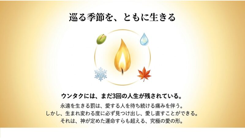 炎を中心に、種、水滴、紅葉、雪の結晶が描かれ、ウンタクに残された3回の人生と究極の愛の形を象徴するイラスト