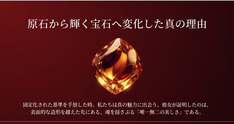 表面的な造形を越えた先にある、魂を揺さぶる唯一無二の美しさを表現した輝く宝石のイメージ