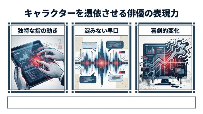 独特な指の動きでタブレットを操作する、俳優の表現力が光るシーンのイメージ