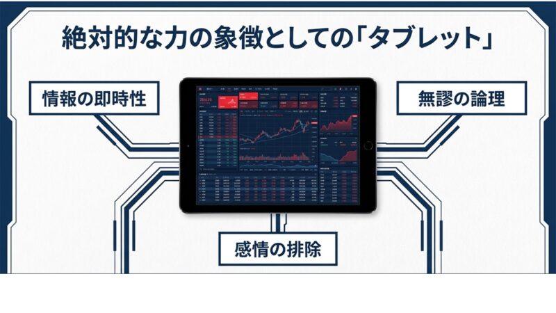 情報の即時性や無謬の論理を示し、絶対的な力の象徴としてのタブレットを操作する手