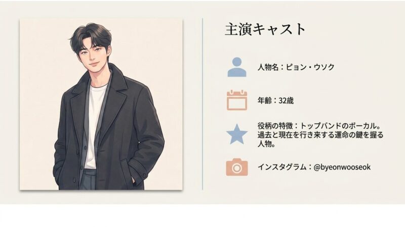 トップバンドのボーカル役を務める主演キャスト、ピョン・ウソクのイラストと紹介スライド