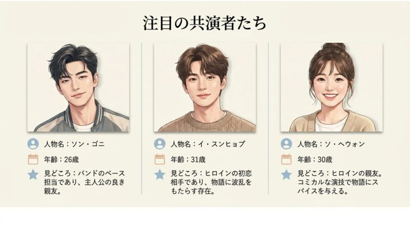 ソン・ゴニ、イ・スンヒョプ、ソ・ヘウォンら注目の共演者の年齢や見どころが書かれたスライド