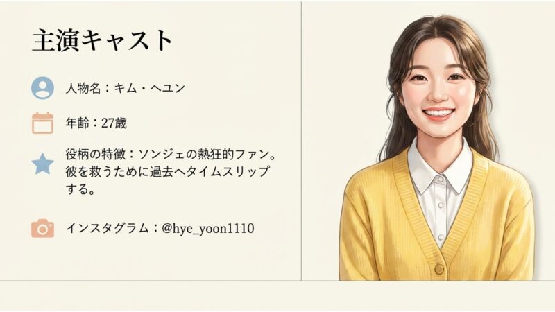 ソンジェの熱狂的ファン役を務める主演キャスト、キム・ヘユンのイラストと紹介スライド