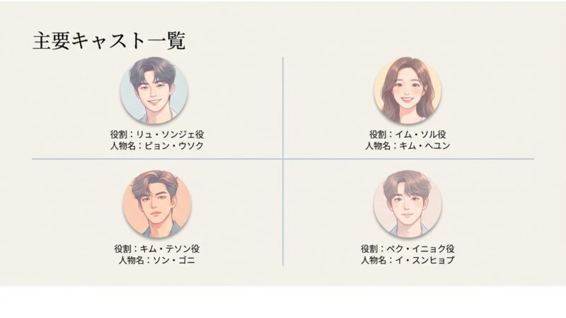ピョン・ウソク、キム・ヘユン、ソン・ゴニ、イ・スンヒョプら主要キャストのイラスト一覧スライド