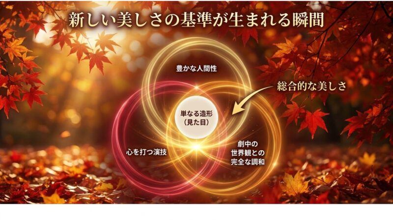 単なる造形だけでなく、心を打つ演技、豊かな人間性、劇中の世界観との調和が総合的な美しさを生み出すことを示す図解