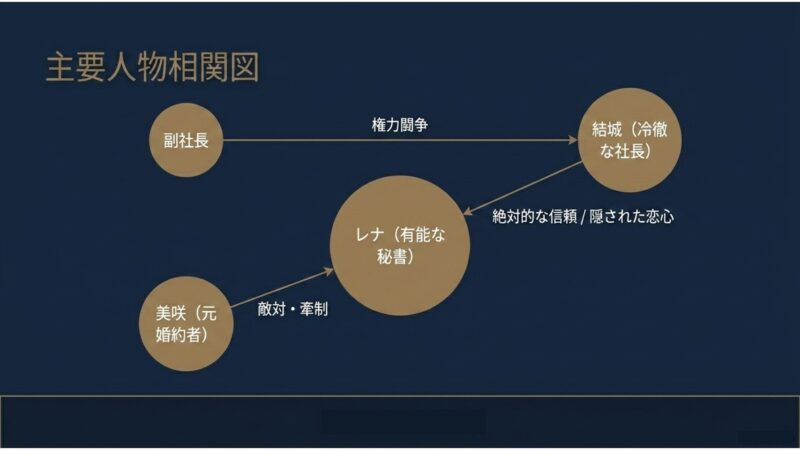 冷徹な社長、有能な秘書、副社長や元婚約者間の権力闘争と信頼関係を示す相関図