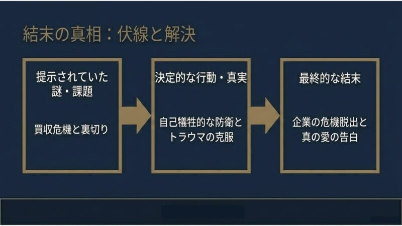 買収危機と裏切りから、自己犠牲的な防衛と企業の危機脱出に至る結末の真相図解