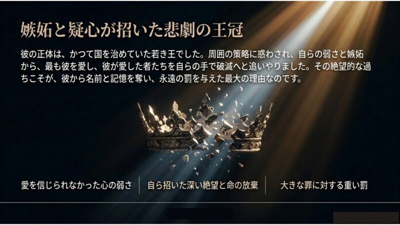 嫉妬と疑心によって絶望し自ら命を絶った悲劇を表す砕け散る王冠