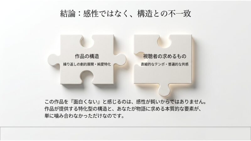 作品が面白くないのは感性の問題ではなく、作品の構造と視聴者の求める要素の不一致であることを示す図