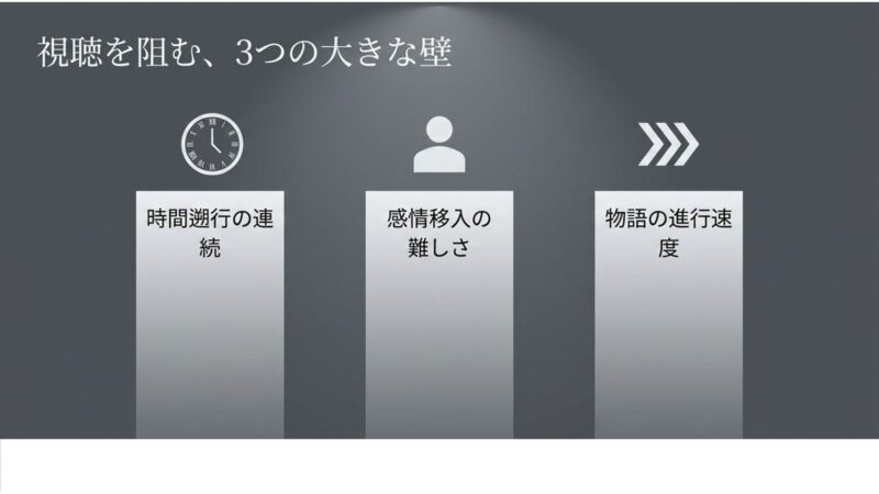 視聴を阻む3つの壁（時間遡行の連続、感情移入の難しさ、物語の進行速度）
