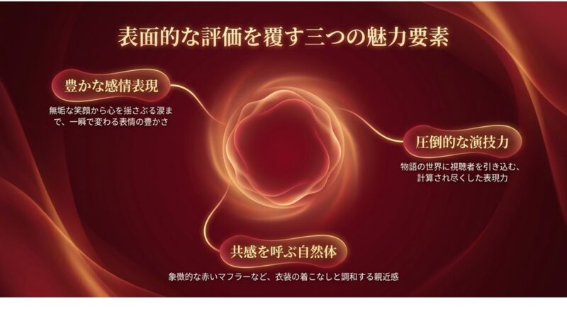 豊かな感情表現、共感を呼ぶ自然体、圧倒的な演技力という、表面的な評価を覆す3つの魅力要素