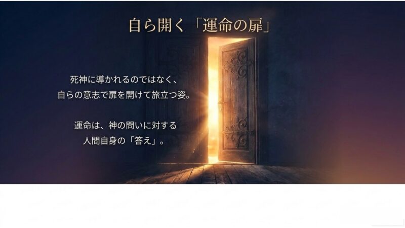 死神に導かれるのではなく、自らの意志で扉を開けて旅立つ姿。運命は神の問いに対する人間自身の答えであること