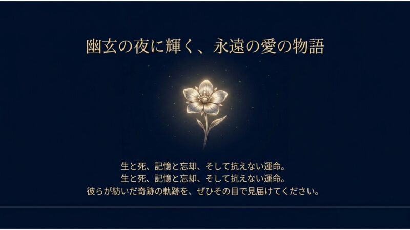 幽玄の夜に輝く一輪の黄金の花と、生と死、記憶と抗えない運命を超越した永遠の愛の物語を示すメッセージ