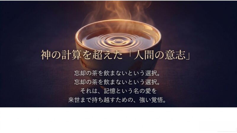 忘却の茶を飲まないという選択。記憶という名の愛を来世まで持ち越すための強い覚悟と人間の意志