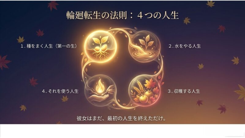 種をまく人生、水をやる人生、収穫する人生、それを使う人生という輪廻転生の法則が描かれたイラスト