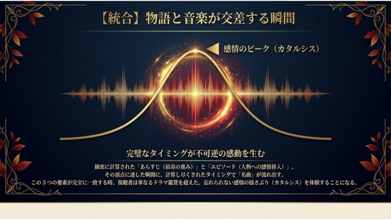 あらすじとエピソードが頂点に達し、完璧なタイミングで名曲が流れるカタルシスの図解