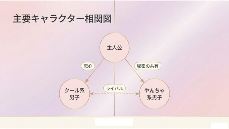 女神降臨の主要キャラクター相関図（主人公・クール系男子・やんちゃ系男子）