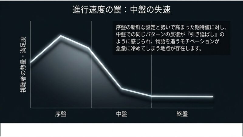 序盤で高まった熱量が中盤の引き延ばしによって急激に冷めてしまう推移を示したグラフ
