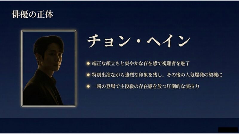 テヒ役の正体である俳優チョン・ヘインの端正な顔立ちと圧倒的な演技力について解説したスライド