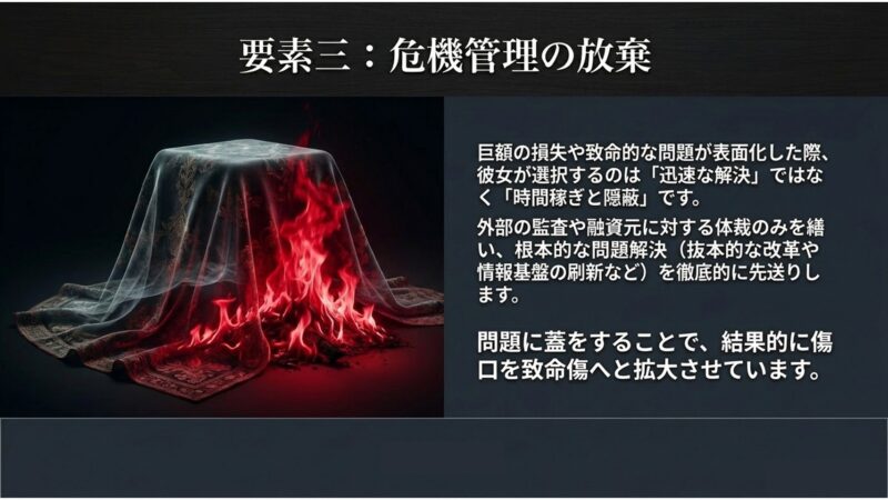 炎上する重大な問題を布で覆い隠して根本的解決を先送りする、危機管理の放棄を表したイメージ