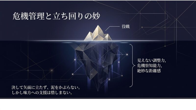 決して矢面に立たず泥をかぶらない、見えない調整力や危機察知能力を示すスライド
