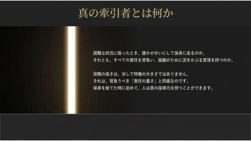 役職の高さは決して特権の大きさではなく背負うべき責任の重さと同義であることを説くメッセージ