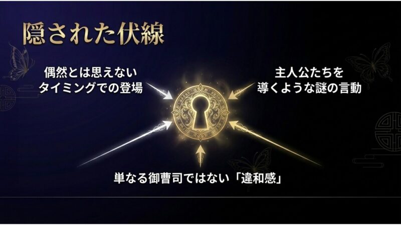 偶然とは思えない登場タイミングや主人公を導く言動など、単なる御曹司ではない違和感と隠された伏線を示す鍵穴の画像のスライド