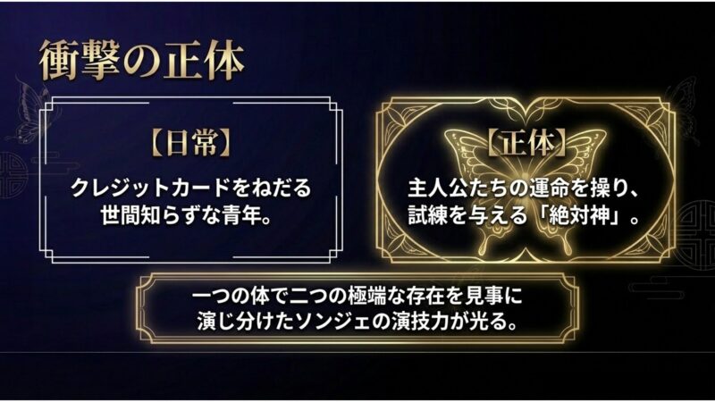 偶然とは思えない登場タイミングや主人公を導く言動など、単なる御曹司ではない違和感と隠された伏線を示す鍵穴の画像のスライド