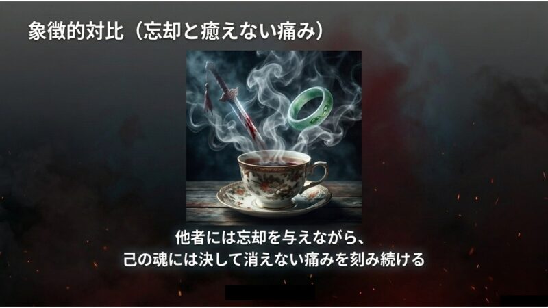 ティーカップ、指輪、血塗られた剣を背景に、他者に忘却を与えながら己の魂に痛みを刻み続ける死神の宿命を描いたイメージ画像