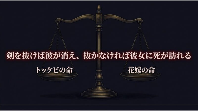 剣を抜けば彼が消え、抜かなければ彼女に死が訪れるという、避けられない残酷な運命を示したテキスト