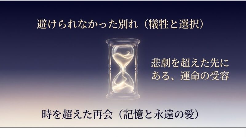 砂時計を背景に、避けられなかった別れや犠牲から、運命の受容、そして記憶と永遠の愛による時を超えた再会へと至る結末を暗示する画像