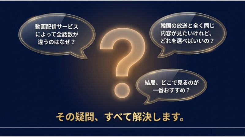 動画配信サービスによって全話数が違う理由や、韓国の放送と同じ内容が見られるおすすめの視聴先についての疑問をまとめたスライド