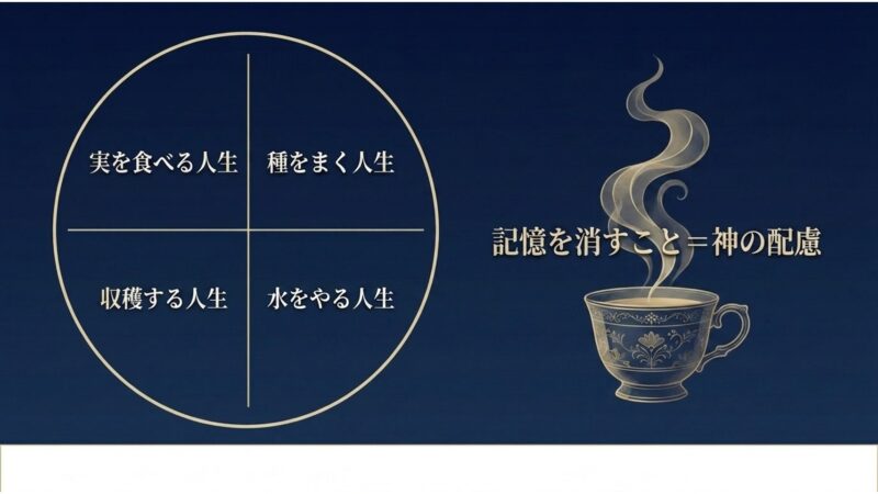 種をまく人生、水をやる人生、収穫する人生、実を食べる人生という「人生の4回の転生」と、記憶を消すことが神の配慮であることを解説した図