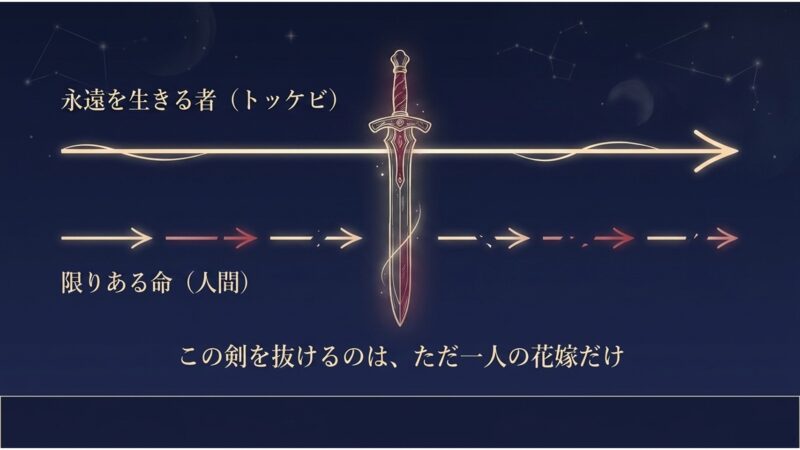 中央に剣が刺さり、永遠を生きる者であるトッケビと、限りある命を持つ人間の交差を描き、剣を抜けるのはただ一人の花嫁だけであることを示す図解