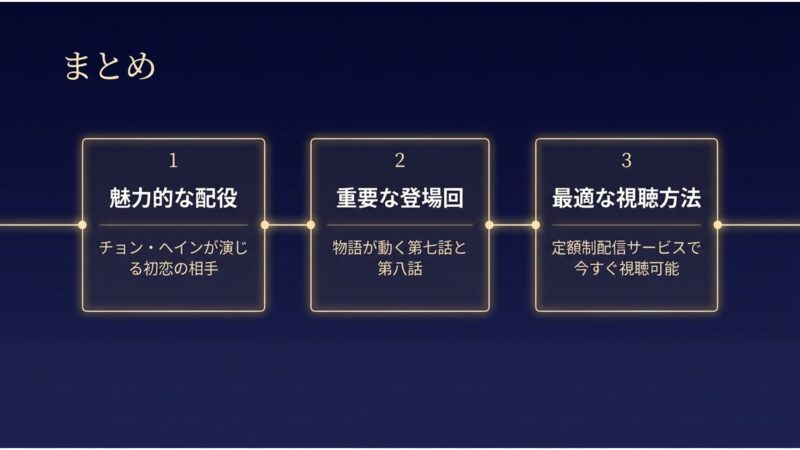 チョン・ヘインの魅力的な配役、重要な登場回である第七話と第八話、最適な視聴方法の3つのポイントをまとめたスライド