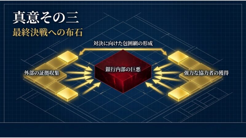 外部の証拠収集と協力者の獲得を通じて、銀行内部の巨悪に対する包囲網を形成する図解