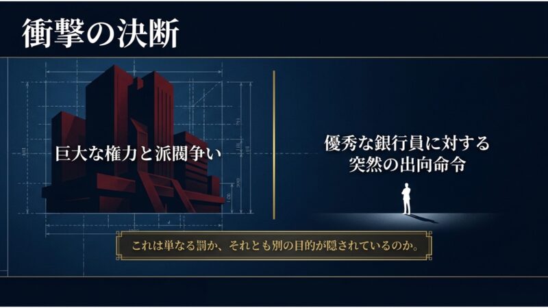 優秀な銀行員に対する突然の出向命令が、単なる罰か別の目的かを問うスライド