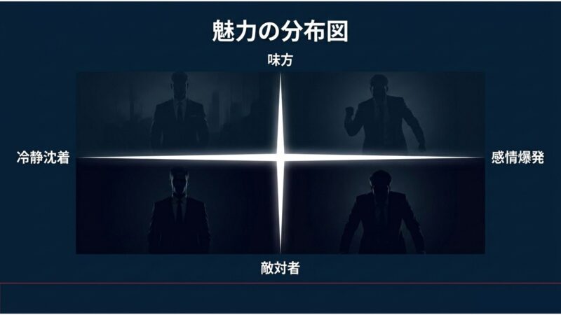 半沢直樹キャラクターの魅力分布図（冷静沈着・感情爆発・味方・敵対者）