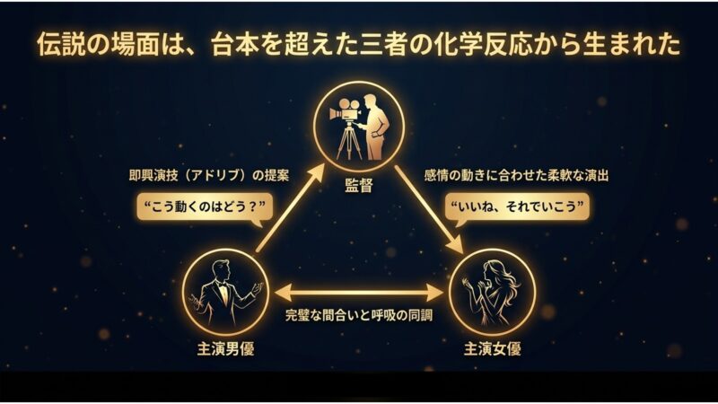監督と主演男女優による即興演技の提案や感情の動きに合わせた柔軟な演出を図解したスライド