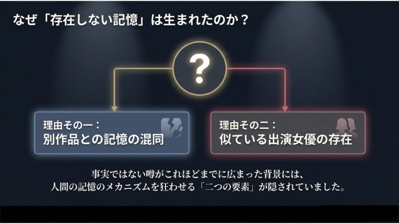 視覚的類似、記憶の干渉、脳内での合成が重なり、チョ・ボアが出演しているという錯覚が生まれる仕組みをまとめた結論スライド。