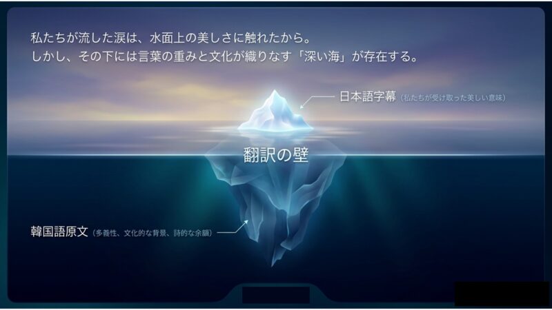 字幕の美しさの下にある、韓国語原文の多義性や文化的背景を「深い海」として表現した比較図 。