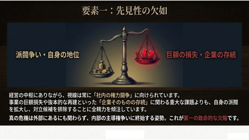 企業の存続や巨額の損失よりも、派閥争いや自身の地位を重く見積もる先見性の欠如を示す天秤のイラスト