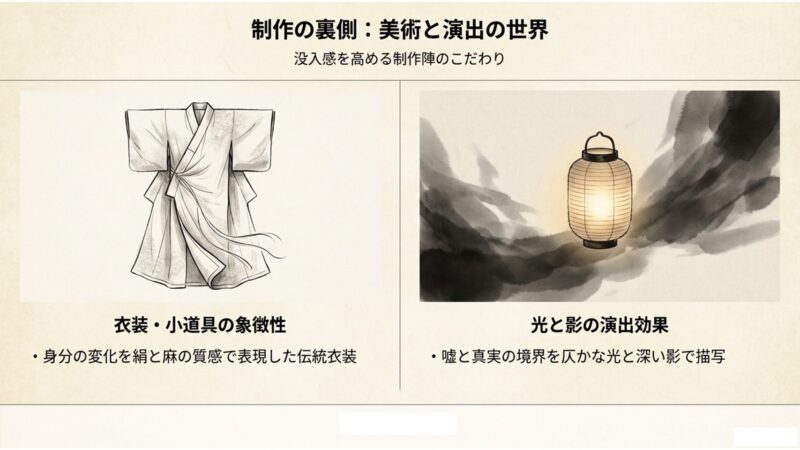 衣装や小道具の象徴性、光と影の演出など美術と演出の世界観