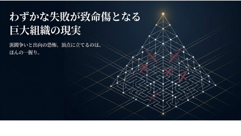 わずかな失敗が致命傷となる巨大組織の現実と、派閥争いや出向の恐怖を示すスライド