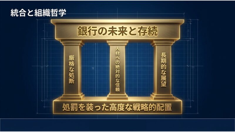 厳格な処断、人材への絶対的信頼、長期的展望という3つの柱で銀行の未来を支える神殿の図解