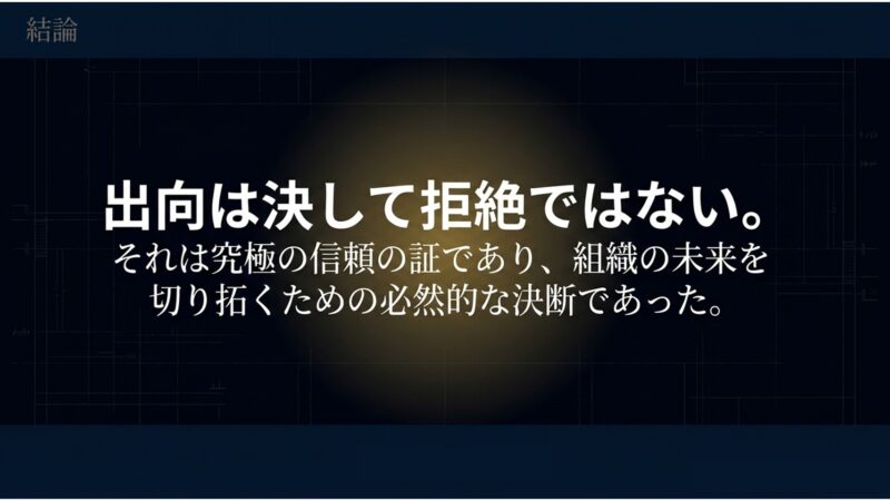出向は拒絶ではなく究極の信頼の証であり、組織の未来を切り拓く必然的な決断であるという結論スライド