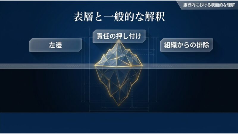 左遷や責任の押し付けなど、出向に対する銀行内の表面的な解釈を示す氷山の図解