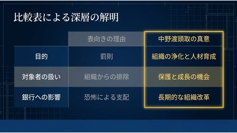 表向きの罰則と、組織浄化や人材育成といった中野渡頭取の真意を比較したマトリクス表