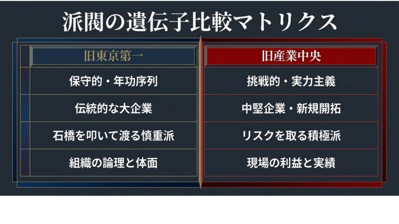 旧東京第一の保守的・年功序列な文化と、旧産業中央の挑戦的・実力主義な文化を比較した表